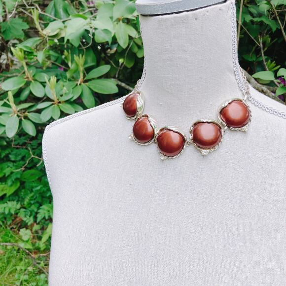 Vintage Mid Century Gold Tone Necklace Brown Cabochons Prong Set Rhinestones - Picture 15 of 16